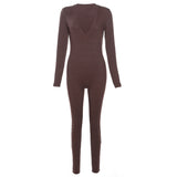 Women Jumpsuit Yoga Low Collar Solid Color Long Sleeve Long Jumpsuit