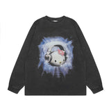 Men Long Sleeve Shirt Heart Graffiti Printed Casual All-Match Washed Long Sleeve T-shirt for Men and Women
