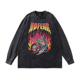 Men Long Sleeve Shirt Skull Print Washed Long Sleeve T-shirt for Men and Women