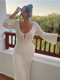 Women Sweater Dress Hollow Sexy Long Skirt Knitted Tight Long Sleeve Autumn and Winter