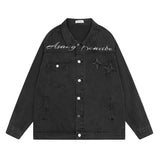 Men Denim Jacket Embroidered Denim Jacket Men's Loose Hoodie Washed and Worn Coat