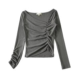 Women T-Shirt Casual Versatile Pleating Long Sleeve Bottoming T-shirt