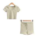 Women T-Shirt Short T-shirt Shorts Casual Sports Knitted
