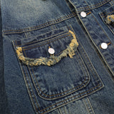Men Denim Jacket Vintage Denim Clothing Men's Cat Washed Lapel Jacket