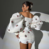 Women Desses Hip Skirt Strawberry Rhinestone Long Sleeve Slim Fit Dress