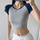 Women T-Shirt Contrast Color Short-Sleeved T-shirt Women's Summer round Neck