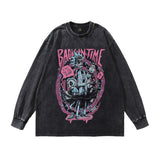 Men Long Sleeve Shirt Cartoon Printed Washed and Worn Long Sleeve T-shirt for Men and Women