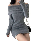 Women Dresses Knitted Dress off-the-Shoulder Sling Hip Skirt Long Sleeve Skirt