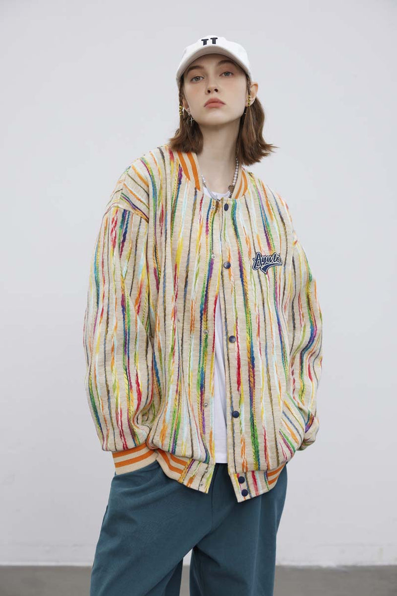 Unisex Jacket Autumn Color Vertical Bar Baseball Uniform Women's Clothing