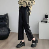 Palazzo Pants Black PU Leather Pants Women's Cropped Casual Wide-Leg Pants