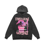 Men Hoodie Character Printed Washed Distressed Hooded Sweater Retro Casual Loose Long Sleeve Hoodie