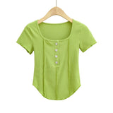 Women T-Shirt Short-Sleeved T-shirt Summer Stitching Button