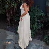 Women Dresses Idle Style U-Neck Pleated Waist Tight Dress Long Dress
