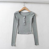 Women T-Shirt Button round Neck Long Sleeve T-shirt Women's Short