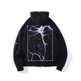 Men Hoodie Lightning Print Hooded Cardigan Sweater Loose Letter Zipper Hooded Jacket