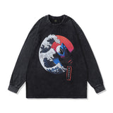 Men Long Sleeve Shirt High Street Vintage Poster Print Worn Looking Washed-out Long Sleeve T-shirt Men and Women Hip Hop