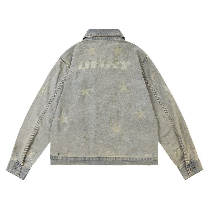 Men Denim Jacket Washed Do the Old Cowboy Coat Men's Embroidered Lapel Jacket