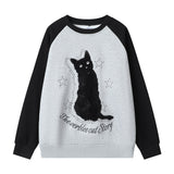 Men Hoodie Flocking Black Cat Embroidered Crew Neck Sweater