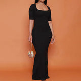 Women Dresses Square Collar Short Sleeve Long Dress