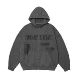 Men Hoodie Spider Web Patch Printed Hooded Jacket Men Vintage Loose Cardigan Sweater