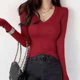 Women Long Sleeve Shirt Skinny Slimming Long Sleeve V-neck Bottoming Shirt