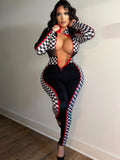 Women Jumpsuit Skinny Mesh Stitching Long Sleeve Jumpsuit