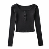 Women T-Shirt Button round Neck Long Sleeve T-shirt Women's Short