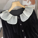 Women T-shirt Vintage Velvet Shirt Women Early Autumn Lace V-neck