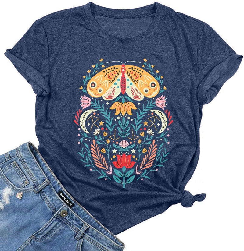 Vintage Boho Shirt Women Moon Moth Flower