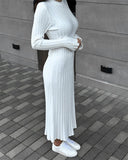 Women Sweater Dress Knitted Long Sleeve Middle Female round-Neck High Waist Dress