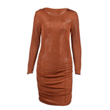 Women Dresses Autumn Long Sleeve round Neck Pleating Sheath Dress Women