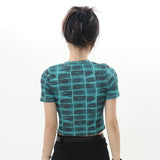 Women T-shirt Short-Sleeved T-shirt Women's Trendy round Neck Plaid Casual