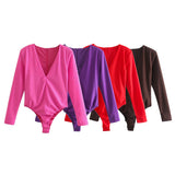 Women T-shirt Fall V-neck Long Sleeve Base Bodysuit T-shirt