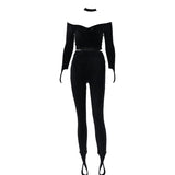 Women Co-Ord Set Autumn Halter Deep V Long Sleeve Tight Jumpsuit