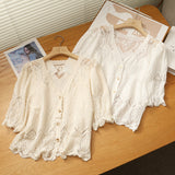 Women's T-Shirt Summer Gentle Small Shirt Women's Single-Breasted Puff Sleeve Shirt