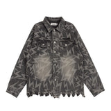 Men Denim Jacket Lightning Printed Jacket Coat Washed Distressed Denim Jacket
