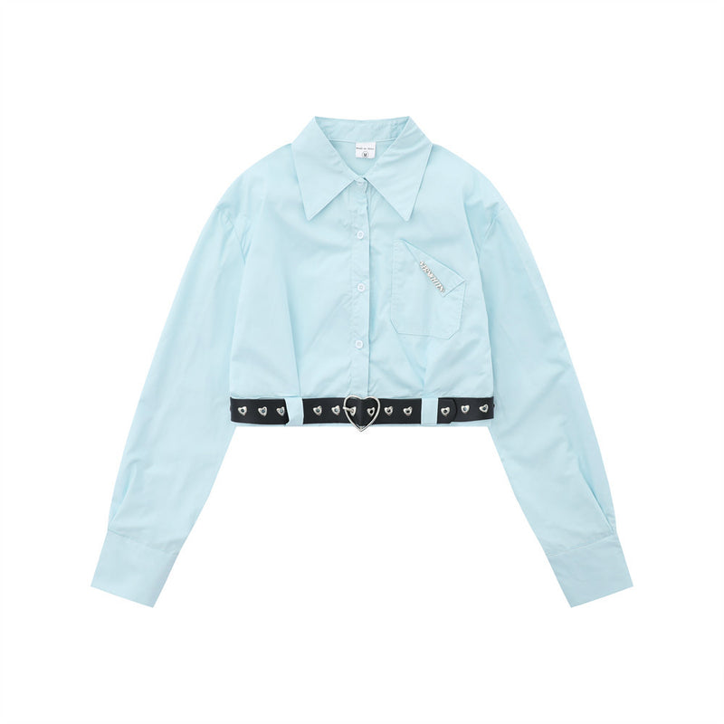 Women Long Sleeve Shirt with Belt Short Long Sleeve Shirt Pure Cotton Girls Autumn