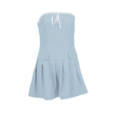 Women Dresses Pleated Skirt Lace Trim Tied Dress Miniskirt