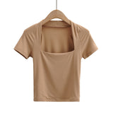 Women T-Shirt T-shirt Summer Short Sleeve Solid Color Short Slim Fit