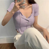 Women T-Shirt Short-Sleeved T-shirt Summer Stitching Button