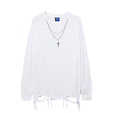 Men Long Sleeve Shirt Solid Color Distressed Bottoming Long Sleeve T-shirt Men's Loose All-Matching