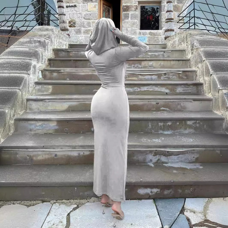 Women Dresses Women Sexy Long Sleeve Narrow Long Dress Casual Slim-Fit Hood