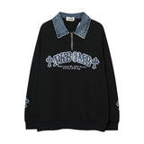 Men Hoodie Letter Patch Embroidered Lapel Sweatshirt