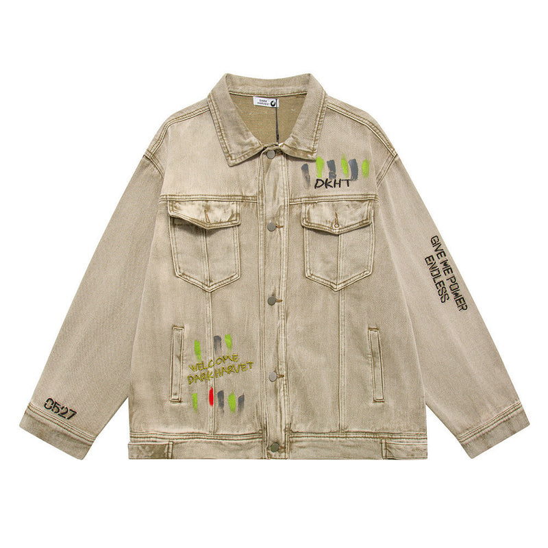 Men Denim Jacket Letter Embroidered Denim Jacket Loose Wash Distressed