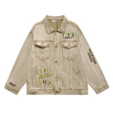 Men Denim Jacket Letter Embroidered Denim Jacket Loose Wash Distressed