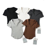 Women T-Shirt Summer Polo Lapel V Short Sleeve T-shirt