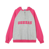 Men Hoodie Color Contrast Patchwork Raglan Sleeve Hooded Sweater Letter Embroidery Loose Pullover Leisure Hoodie