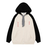 Men Hoodie Color Matching Cardigan Sweater Boys Loose Tie Decoration Long Sleeve Hooded Jacket