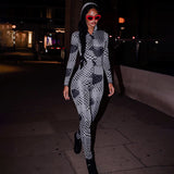 Women Jumpsuit Autumn and Winter Zipper Hooded Printed Tight Long Sleeve