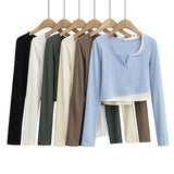 Women T-Shirt Contrast Color Women's Stitching Bottoming Shirt Long Sleeve T-shirt